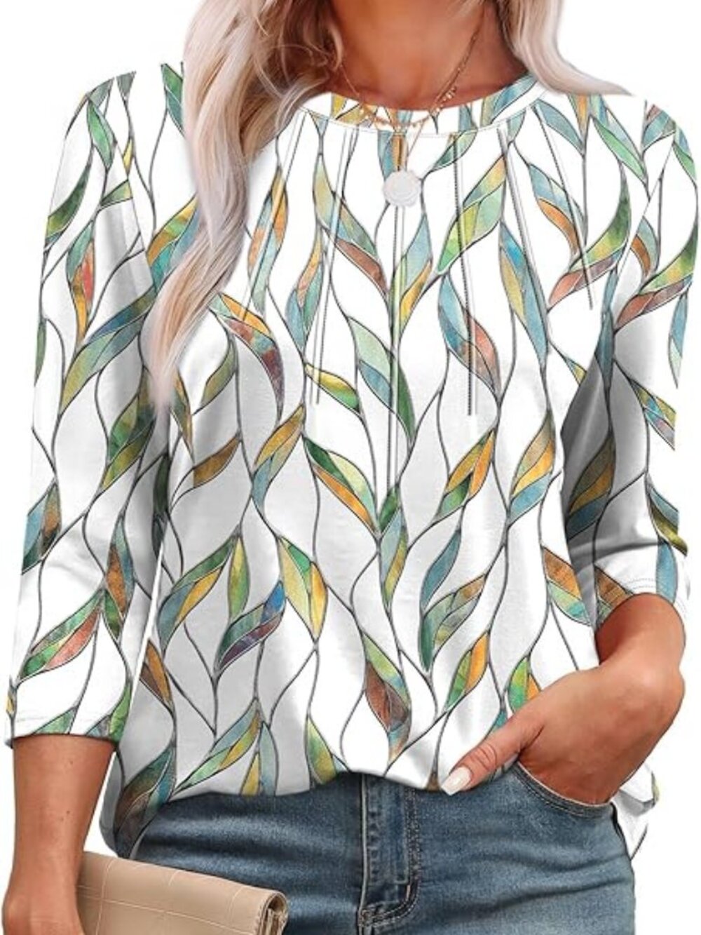 XIEERDUO 3/4 Sleeve Womens Large Round Neck Casual Tunic Top